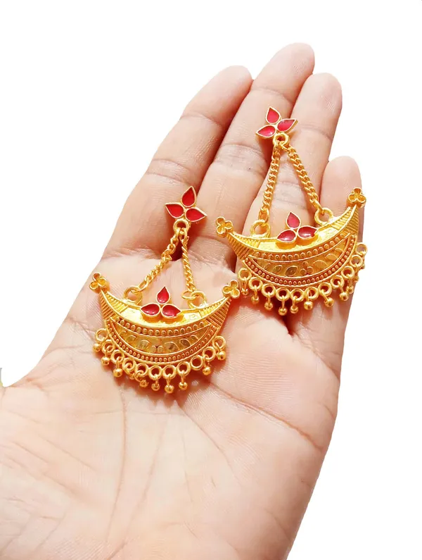 Assamese_Traditional_Copper_Gold_Plated_Red_Colour_Jhumki_Earring_For_Girls_&_Women
